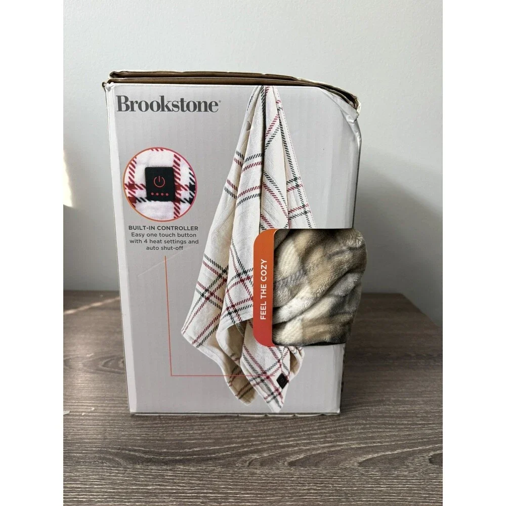 Brookstone Cozy Heated Plush Throw w/ Controller, 4 Heat, Auto Off, 50x60 Plaid